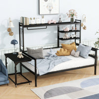 Versatile Twin Size Metal Daybed With Movable Desk, Metal Grid Design, Shelves And Clothes Hanger In White