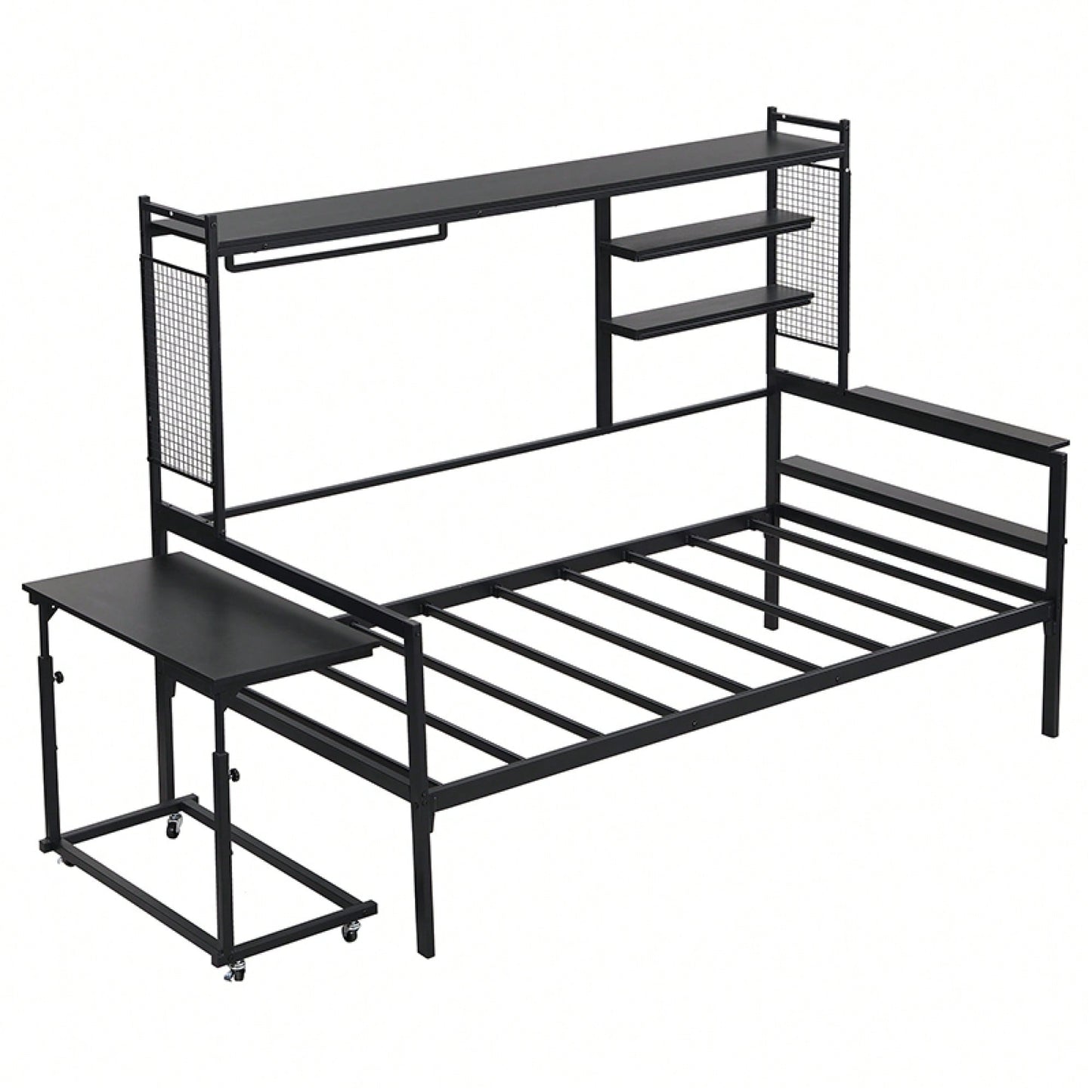 Versatile Twin Size Metal Daybed With Movable Desk, Metal Grid Design, Shelves And Clothes Hanger In White