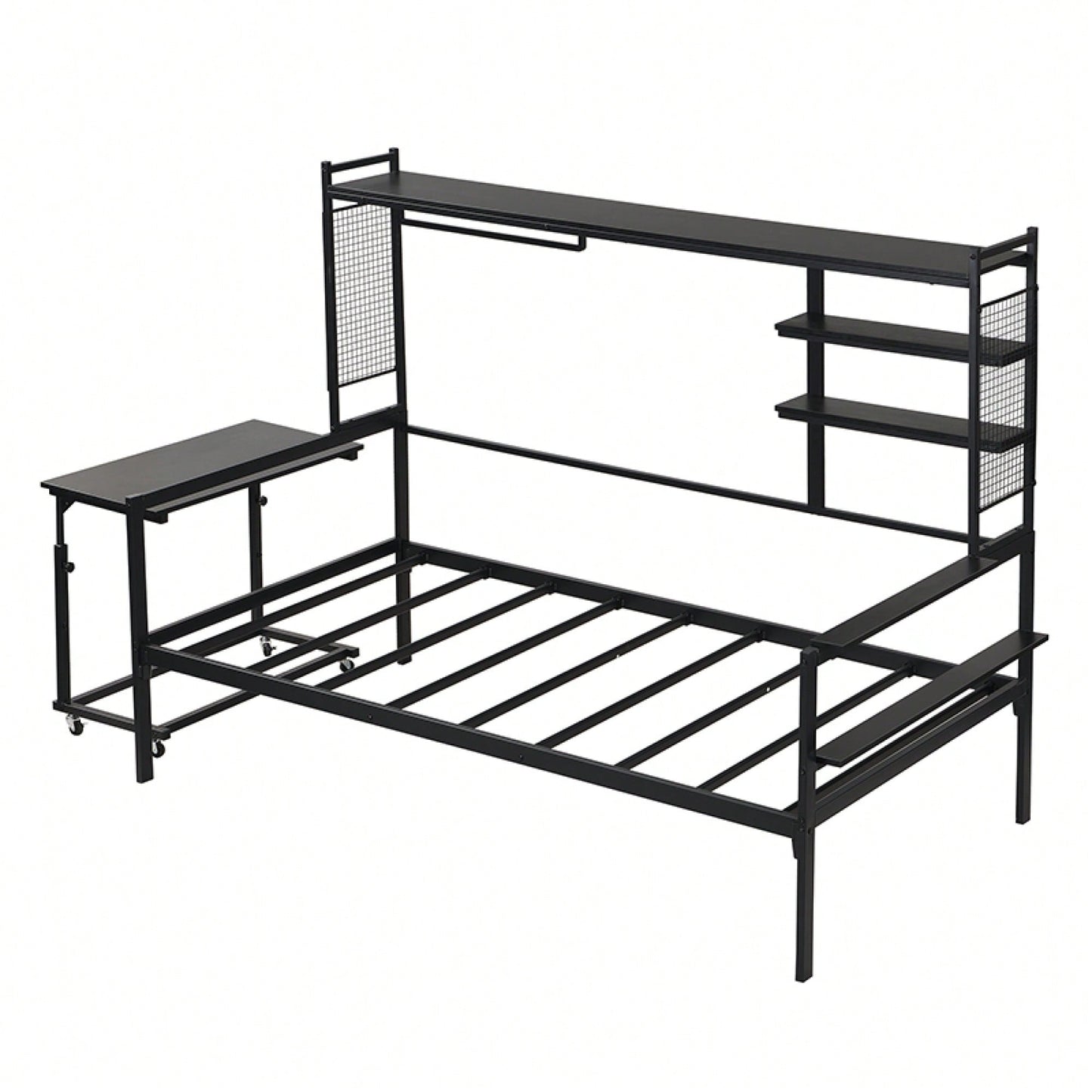 Versatile Twin Size Metal Daybed With Movable Desk, Metal Grid Design, Shelves And Clothes Hanger In White