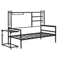 Versatile Twin Size Metal Daybed With Movable Desk, Metal Grid Design, Shelves And Clothes Hanger In White