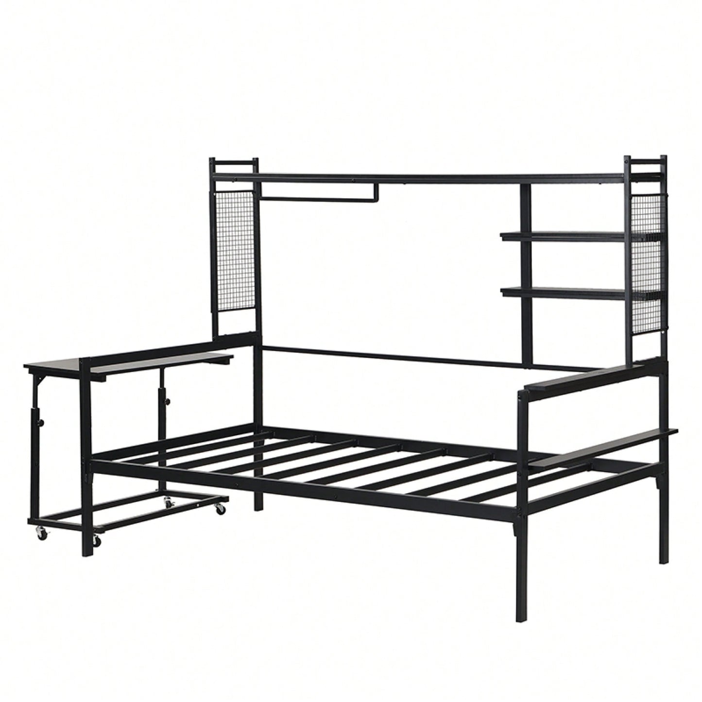 Versatile Twin Size Metal Daybed With Movable Desk, Metal Grid Design, Shelves And Clothes Hanger In White