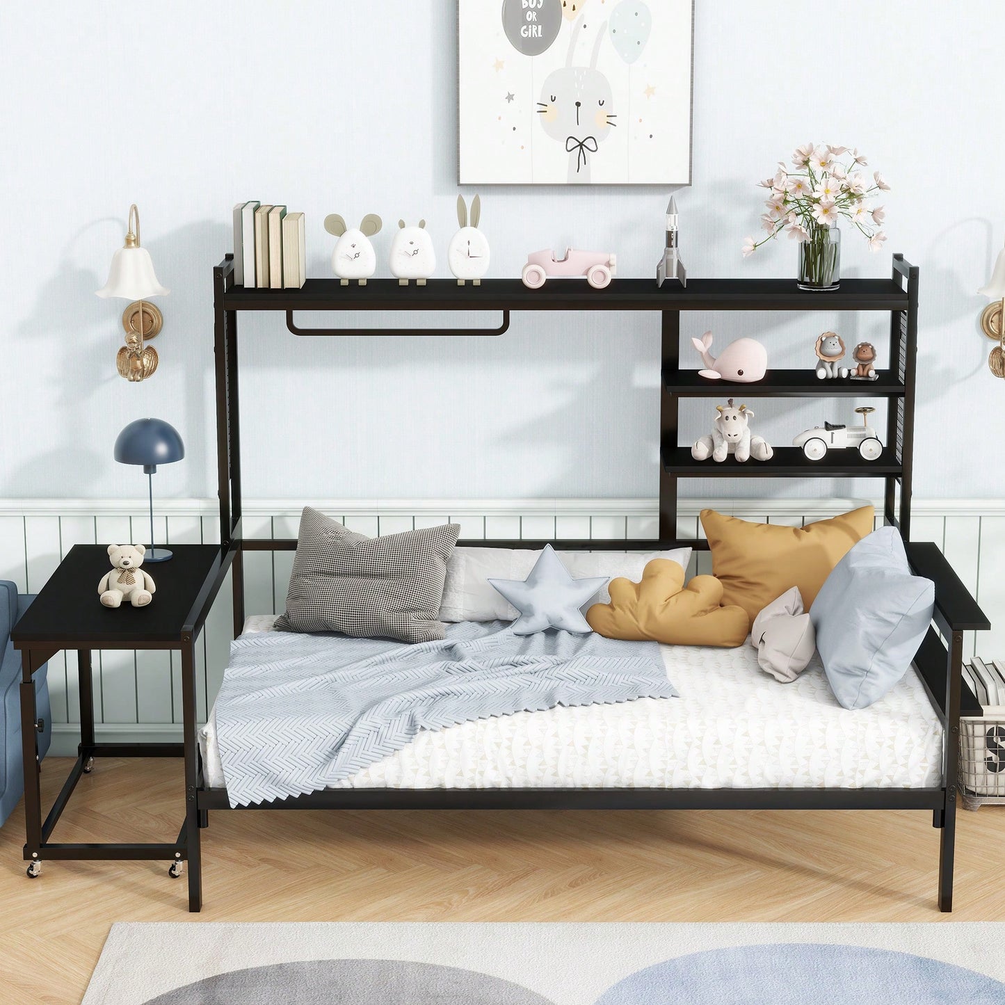 Versatile Twin Size Metal Daybed With Movable Desk, Metal Grid Design, Shelves And Clothes Hanger In White