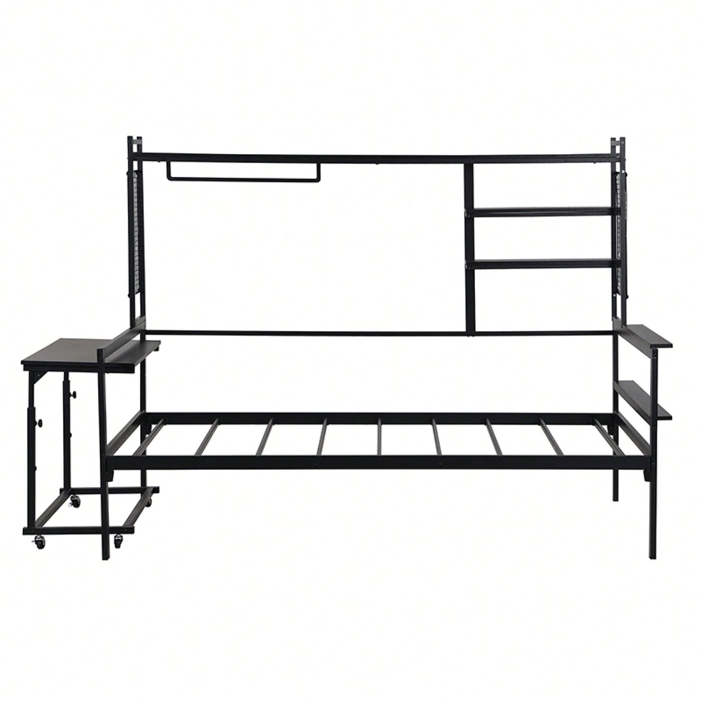 Versatile Twin Size Metal Daybed With Movable Desk, Metal Grid Design, Shelves And Clothes Hanger In White