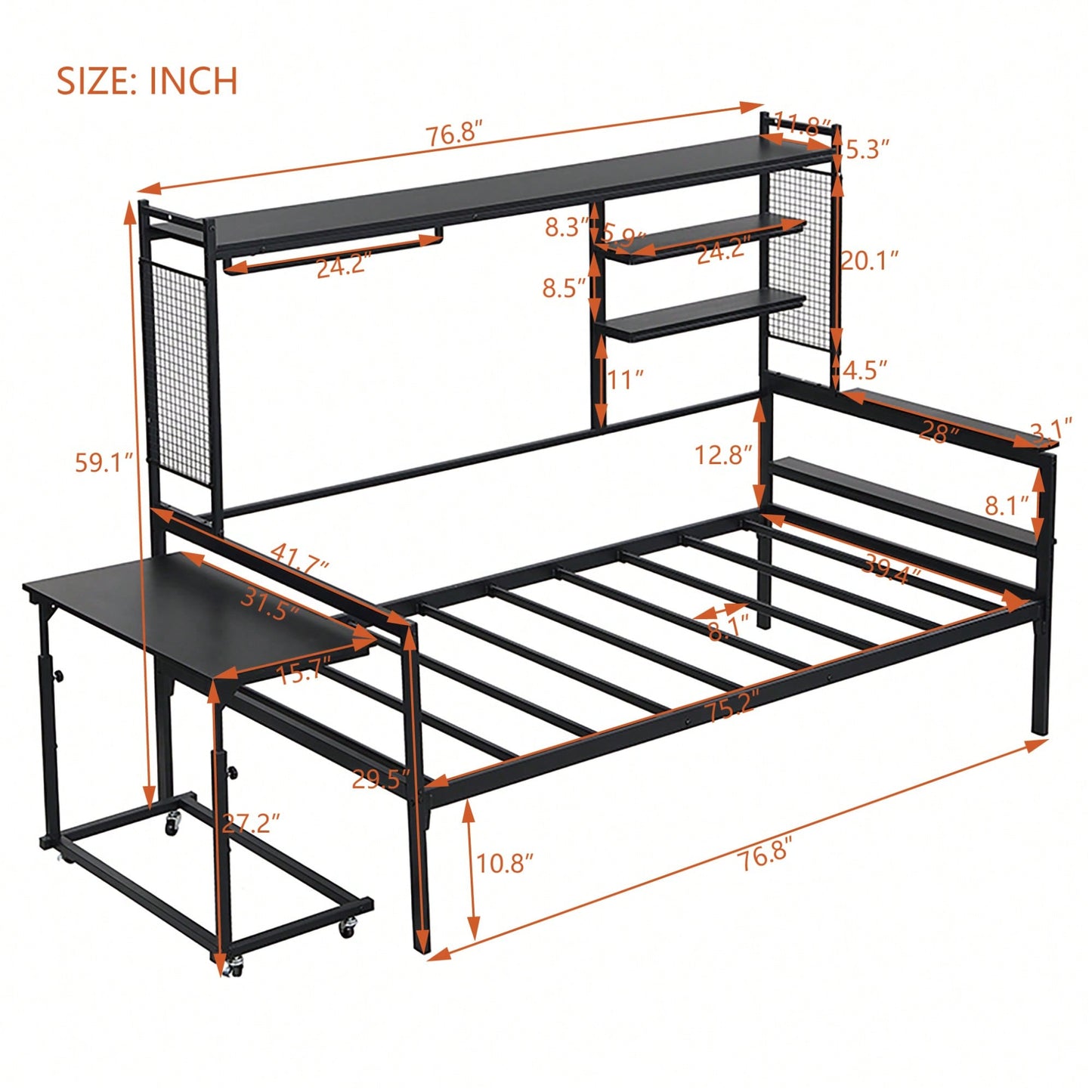 Versatile Twin Size Metal Daybed With Movable Desk, Metal Grid Design, Shelves And Clothes Hanger In White