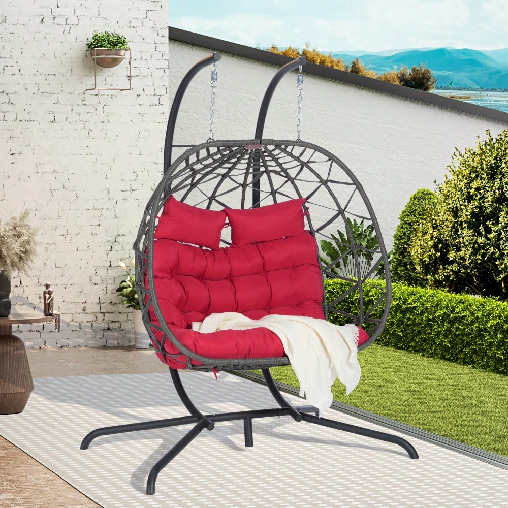 Cozy Two Person Outdoor Rattan Hanging Chair Wicker Egg Swing For Patio Relaxation