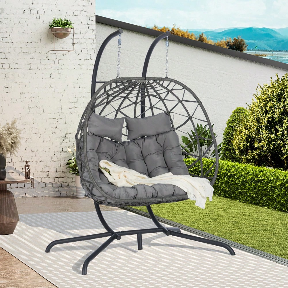 Cozy Two Person Outdoor Rattan Hanging Chair Wicker Egg Swing For Patio Relaxation