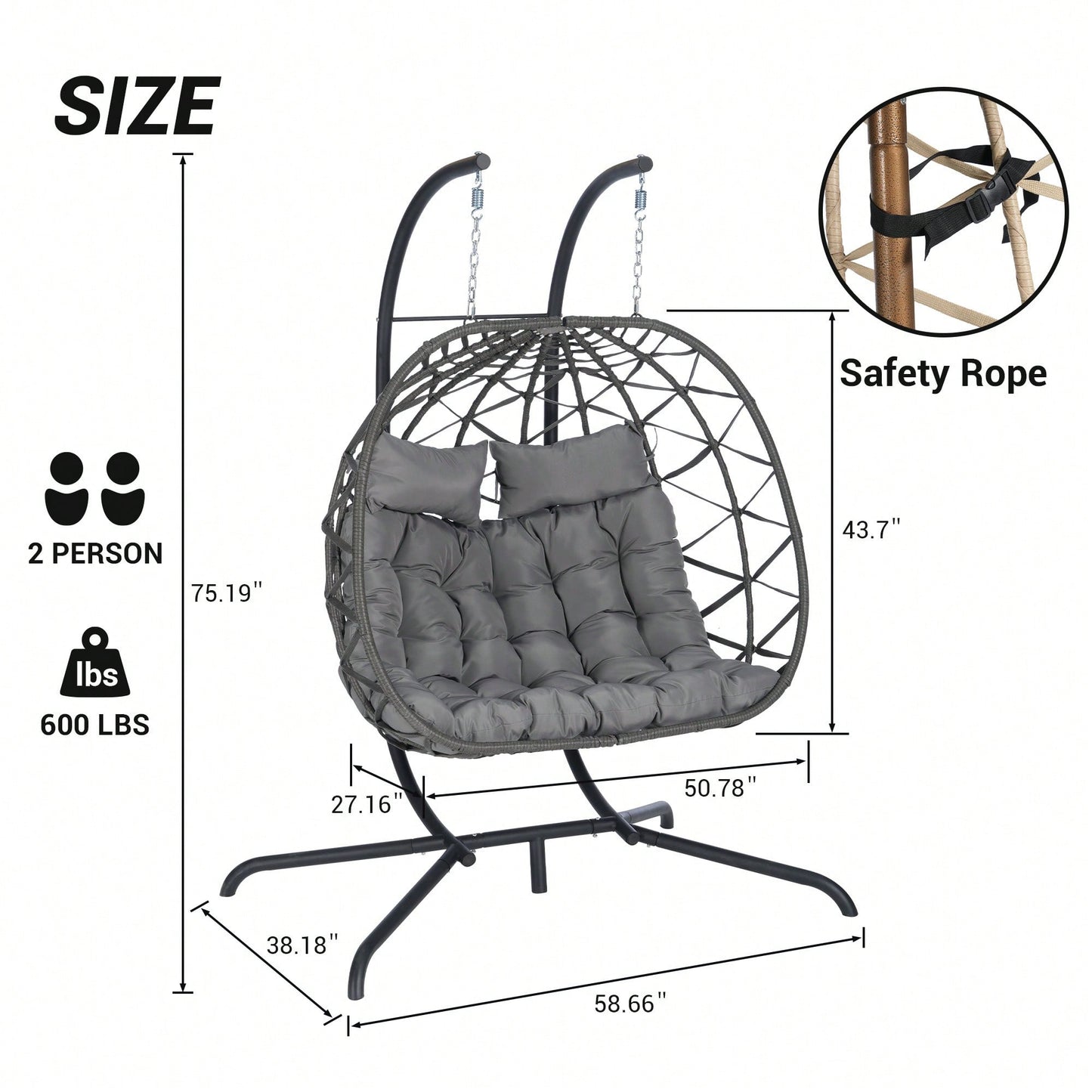 Cozy Two Person Outdoor Rattan Hanging Chair Wicker Egg Swing For Patio Relaxation