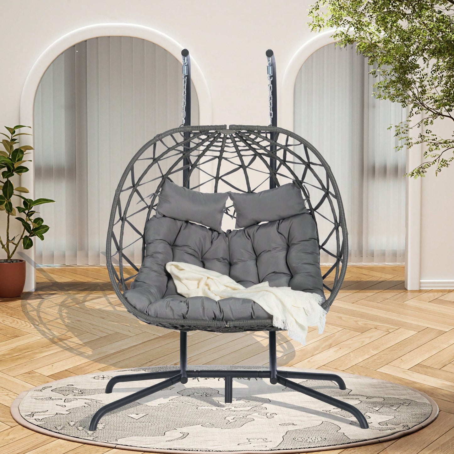 Cozy Two Person Outdoor Rattan Hanging Chair Wicker Egg Swing For Patio Relaxation