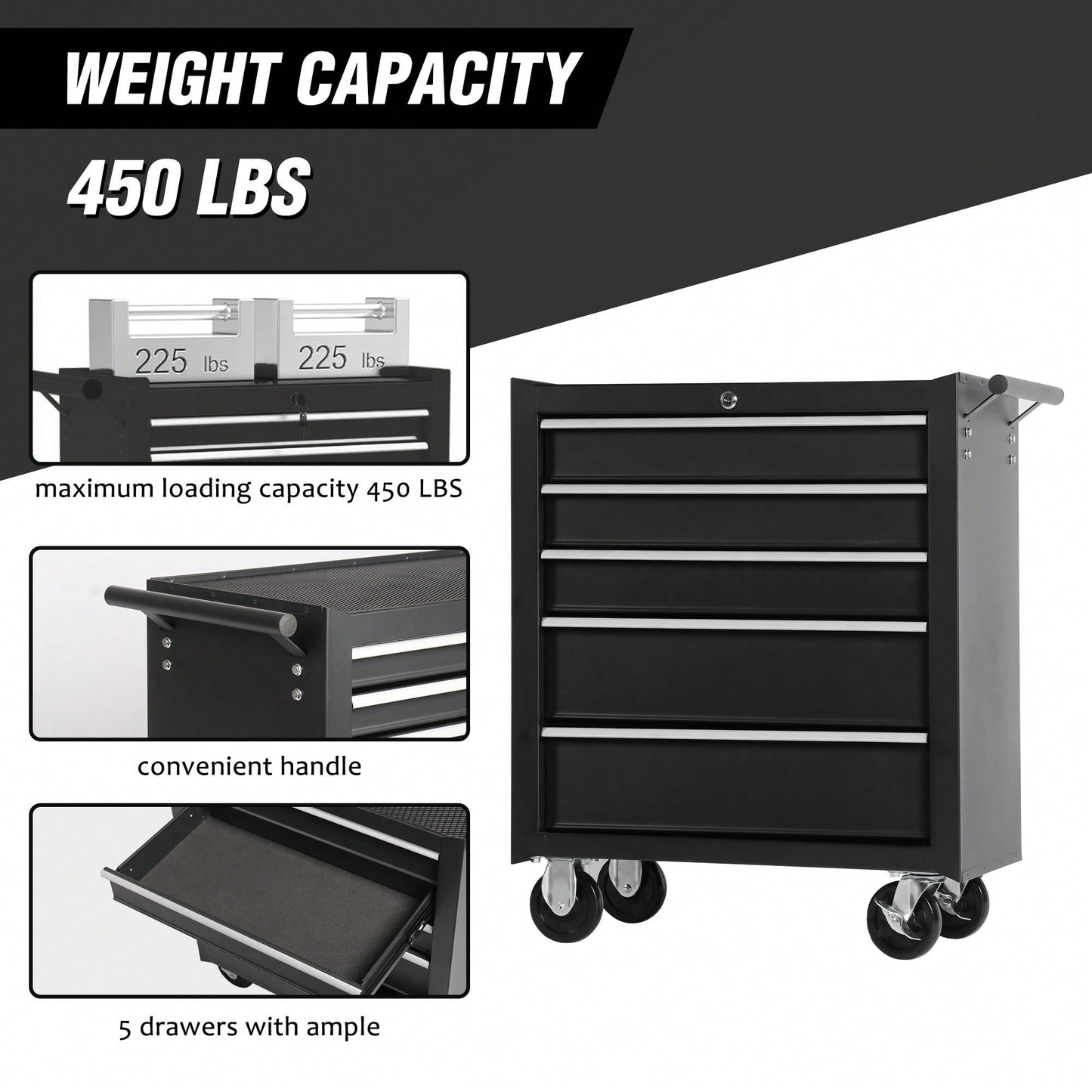 5-Drawer Mobile Tool Chest with Lock and Key Rolling Storage Cabinet Includes Cushion and Drawer Liners for Garage and Workshop Organization