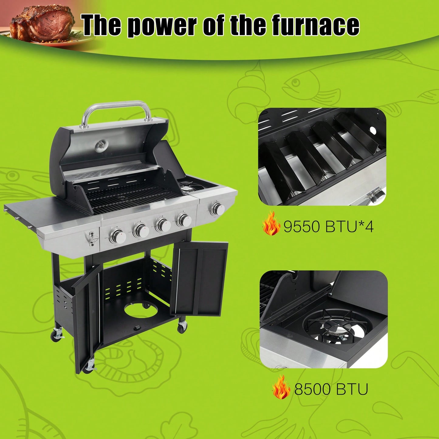 4 Burner Stainless Steel Propane Grill With Side Burner 46500 BTU Outdoor Barbecue For Patio And Garden