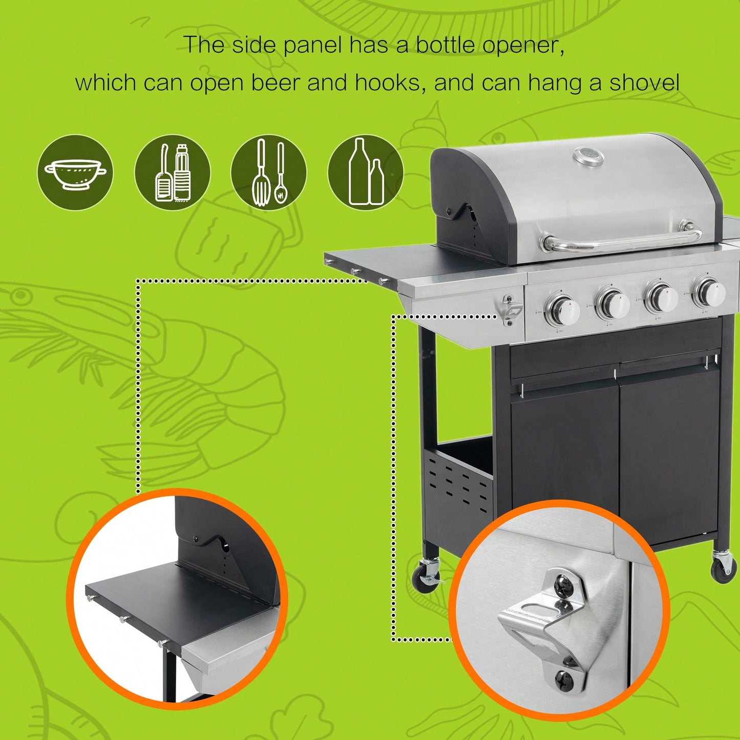 4 Burner Stainless Steel Propane Grill With Side Burner 46500 BTU Outdoor Barbecue For Patio And Garden