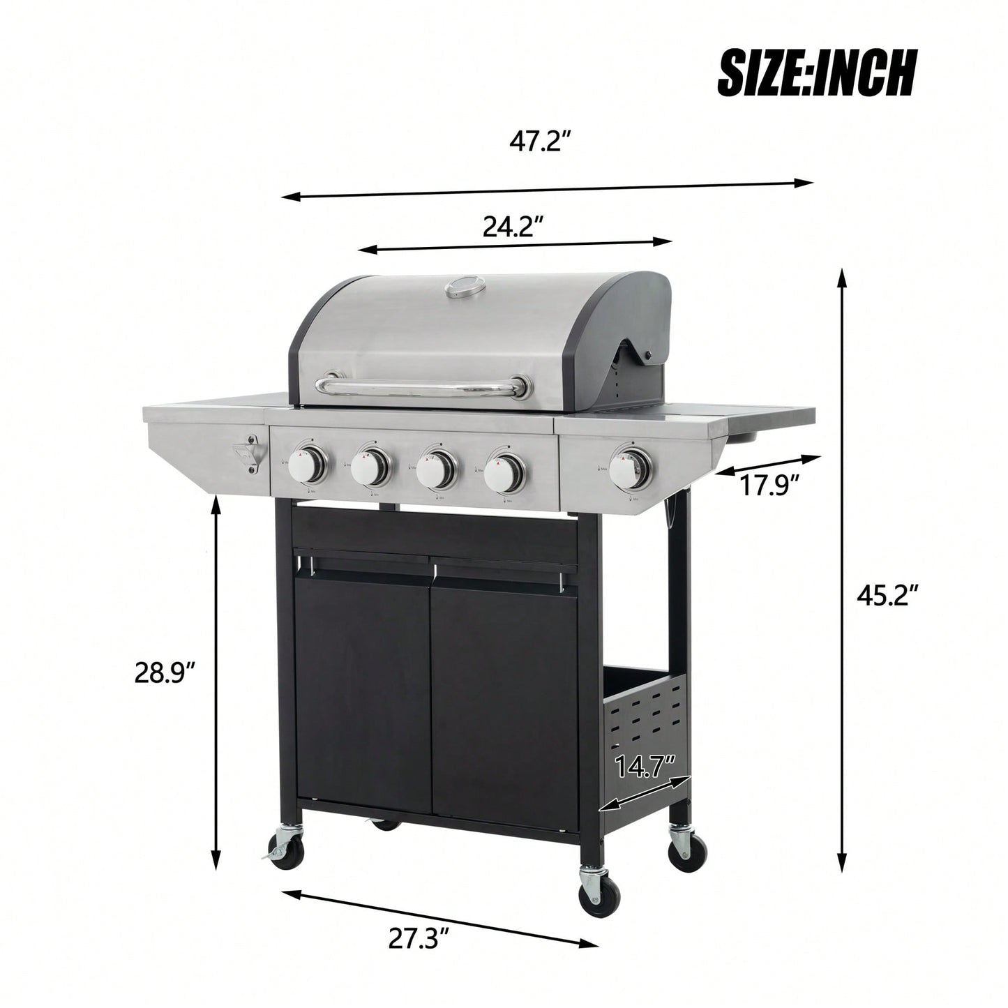 4 Burner Stainless Steel Propane Grill With Side Burner 46500 BTU Outdoor Barbecue For Patio And Garden