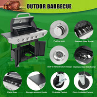 4 Burner Stainless Steel Propane Grill With Side Burner 46500 BTU Outdoor Barbecue For Patio And Garden