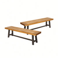 Set Of 2 Outdoor Sandblasted Brown Benches With Rustic Metal Frame