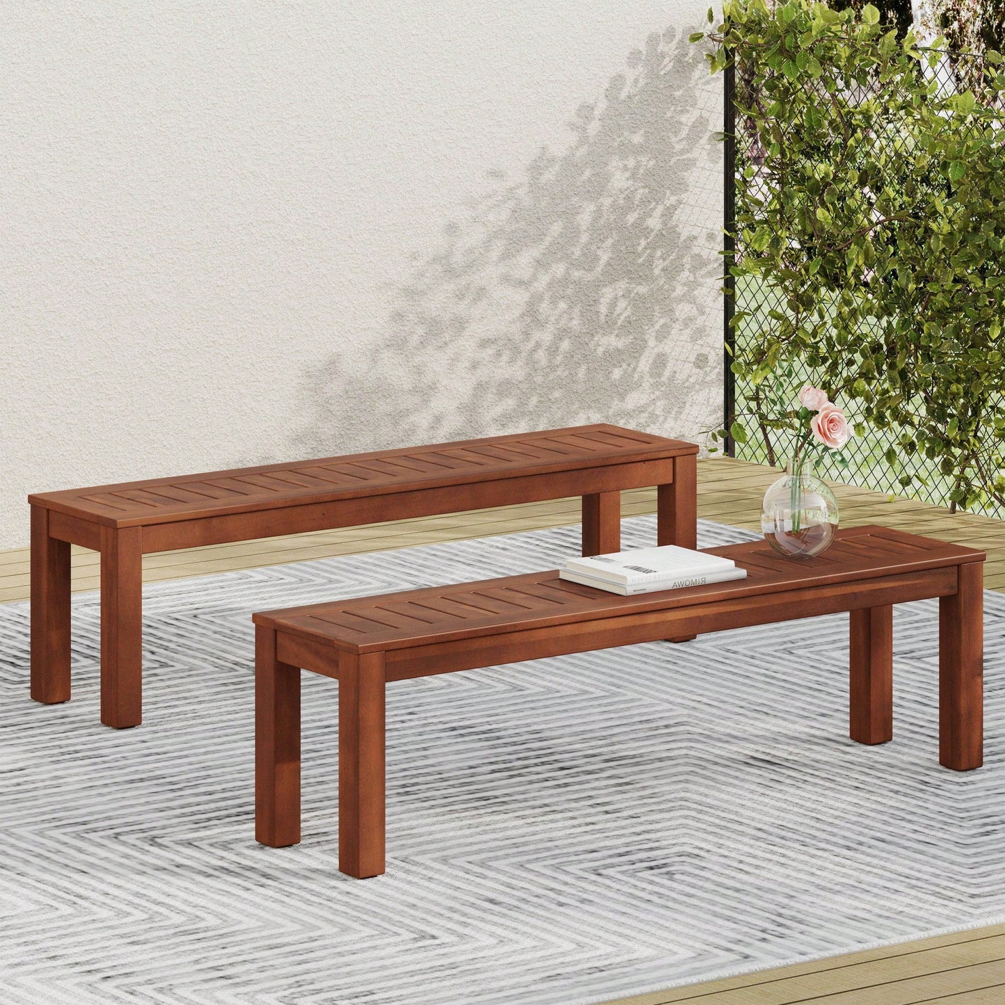 Set Of 2 Elegant 61.75 Inch Outdoor Benches For Patio And Garden Seating