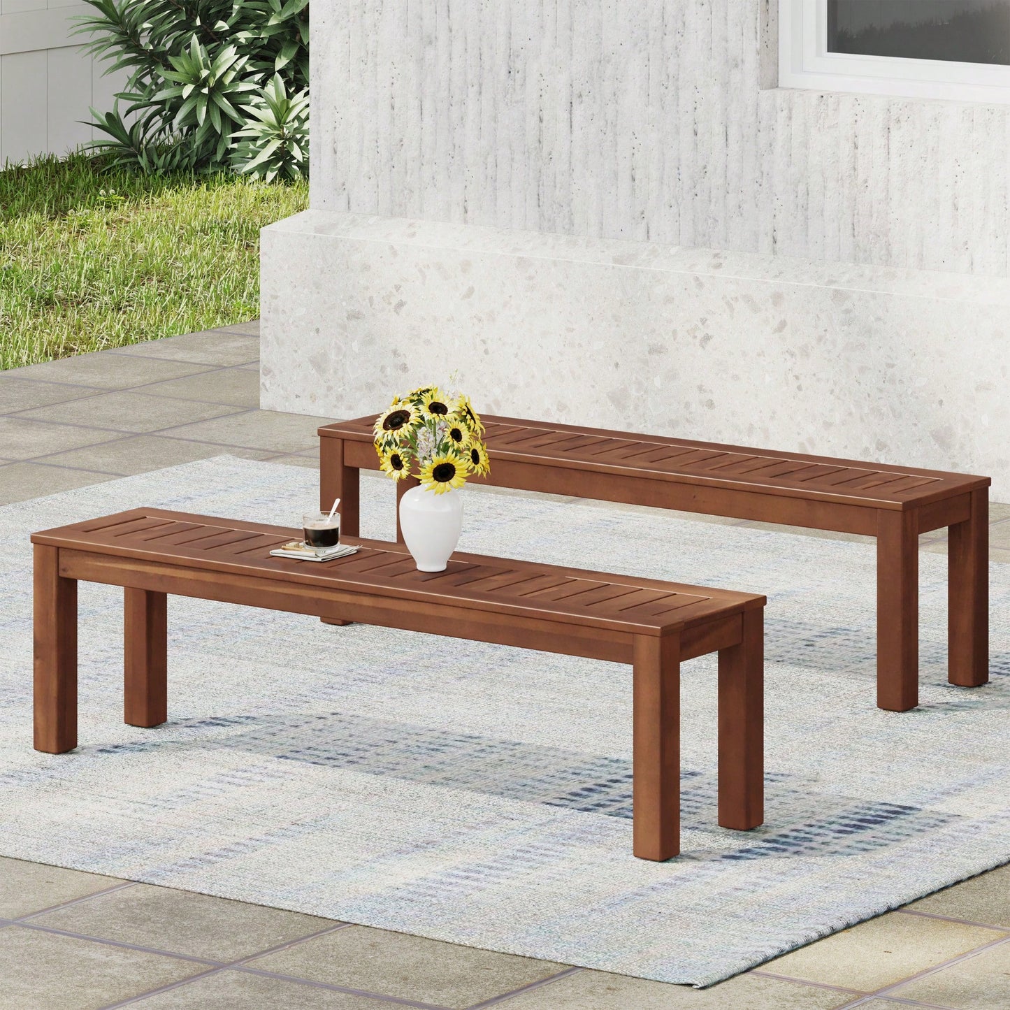 Set Of 2 Elegant 61.75 Inch Outdoor Benches For Patio And Garden Seating