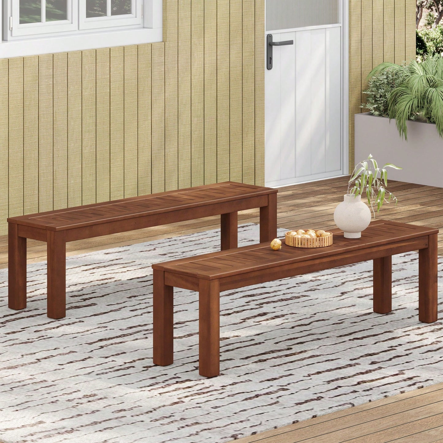 Set Of 2 Elegant 61.75 Inch Outdoor Benches For Patio And Garden Seating