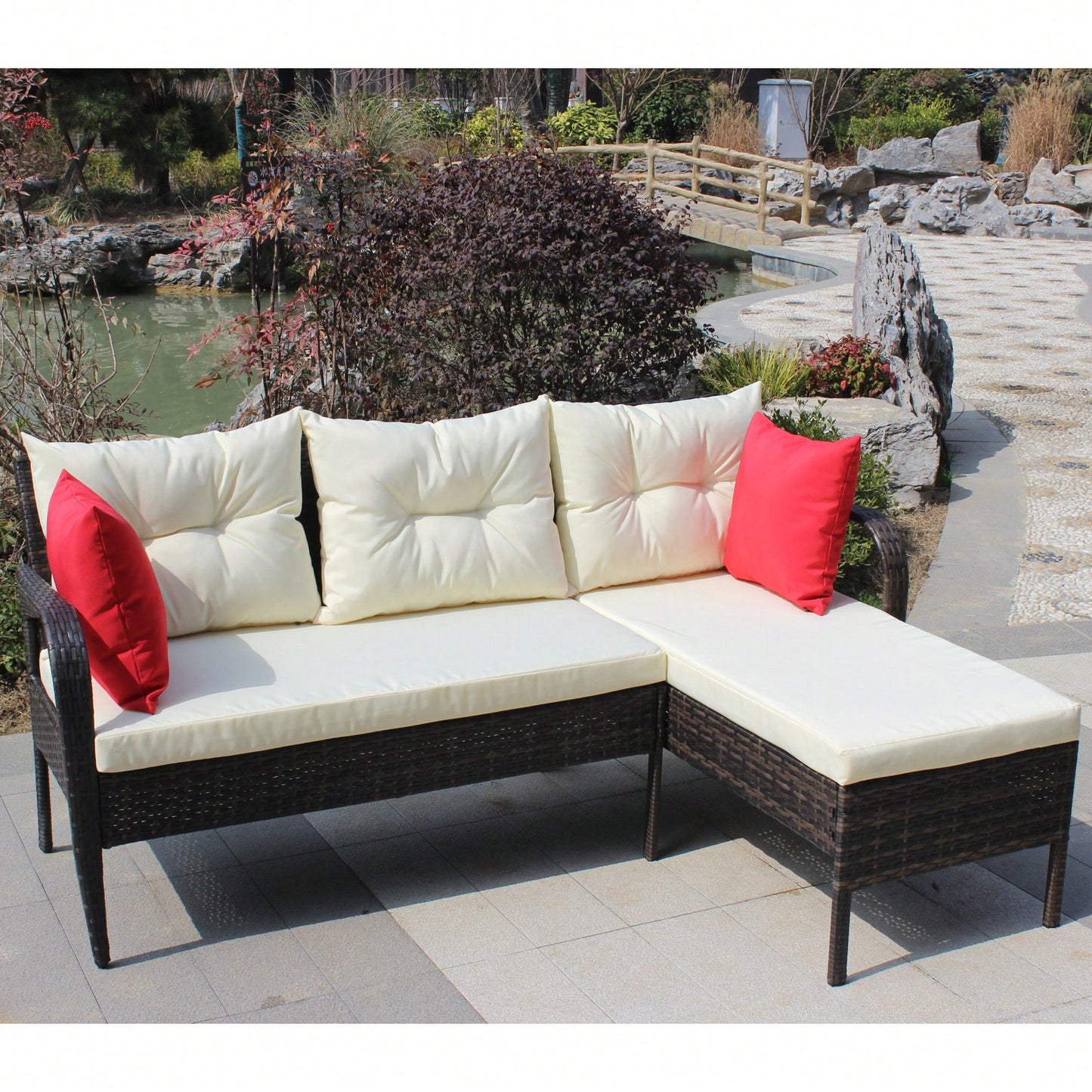 2 Piece Wicker Rattan Outdoor Patio Conversation Set With Beige Seat Cushions