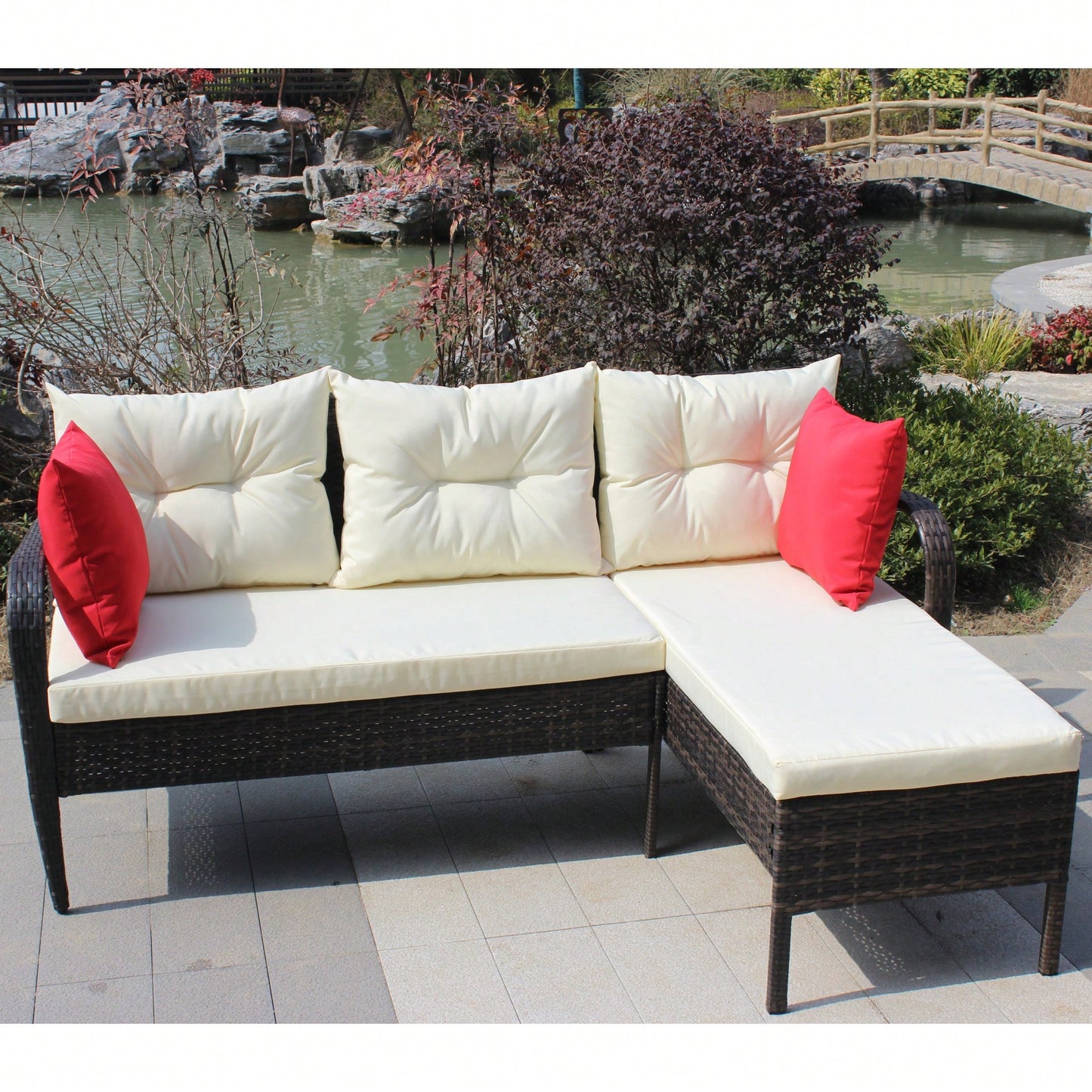 2 Piece Wicker Rattan Outdoor Patio Conversation Set With Beige Seat Cushions