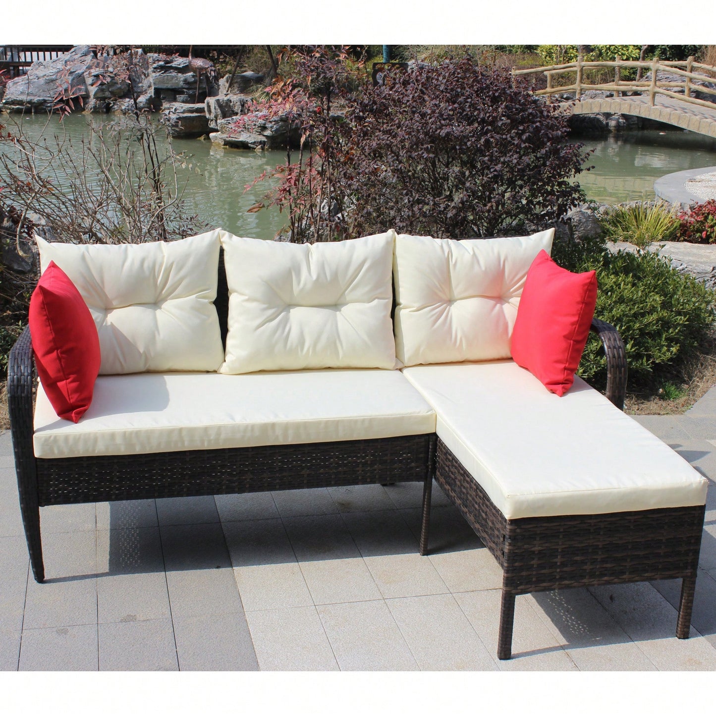 2 Piece Wicker Rattan Outdoor Patio Conversation Set With Beige Seat Cushions