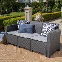 Outdoor 67.7 Inch 3-Seater Faux Wicker Rattan Sofa With Water Resistant Cushions In Charcoal And Light Grey