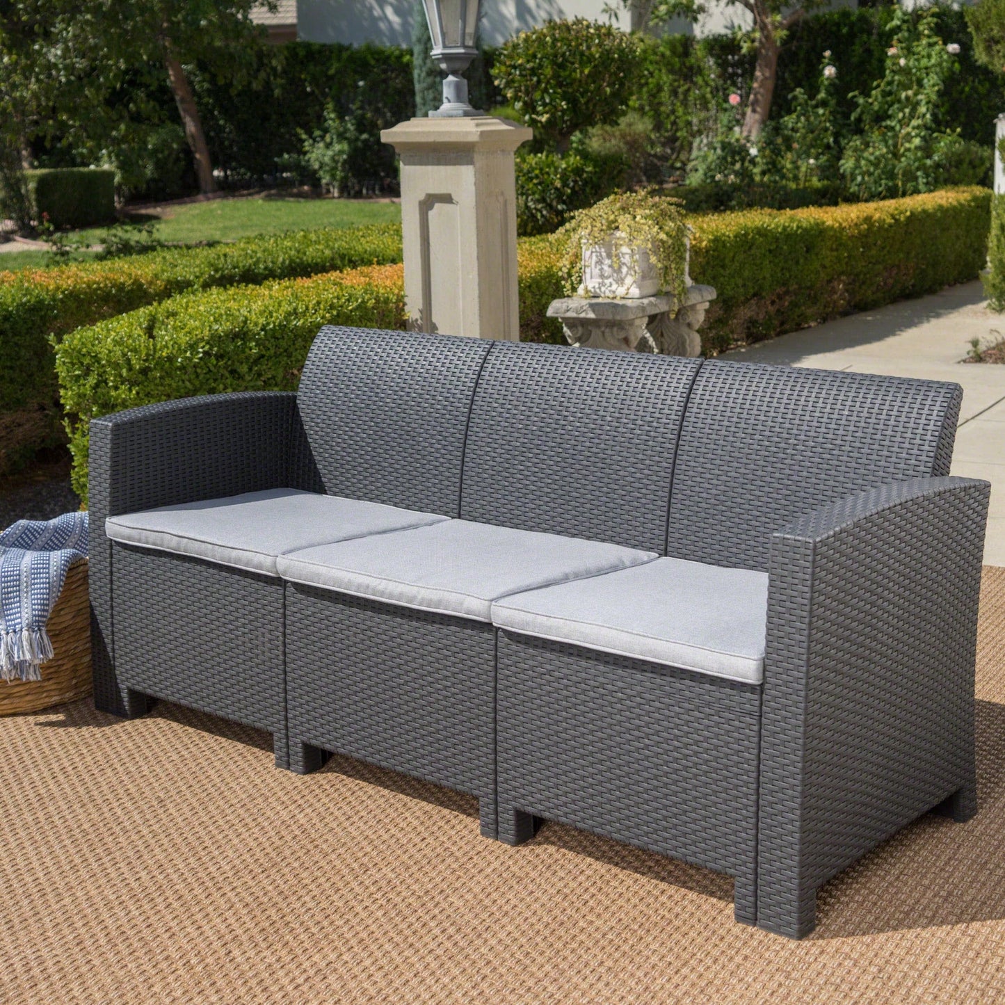 Outdoor 67.7 Inch 3-Seater Faux Wicker Rattan Sofa With Water Resistant Cushions In Charcoal And Light Grey