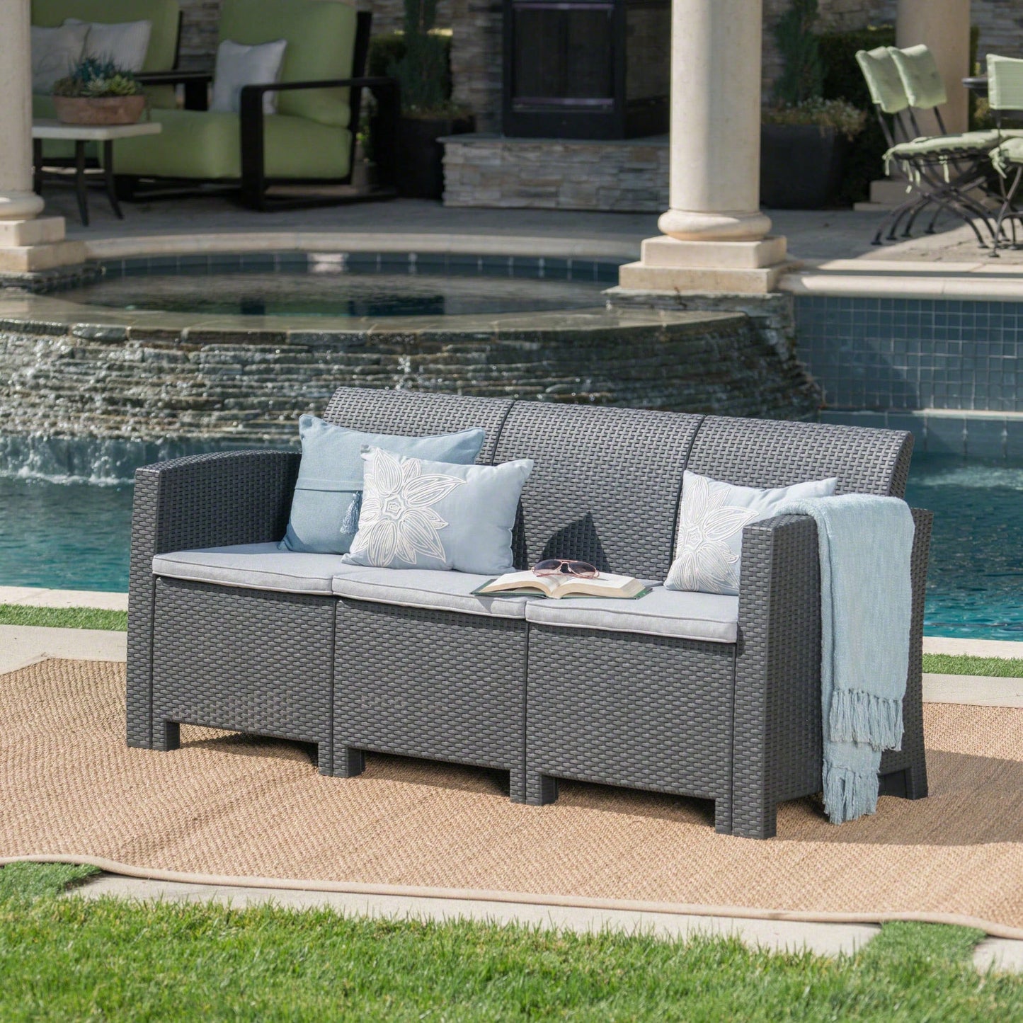 Outdoor 67.7 Inch 3-Seater Faux Wicker Rattan Sofa With Water Resistant Cushions In Charcoal And Light Grey