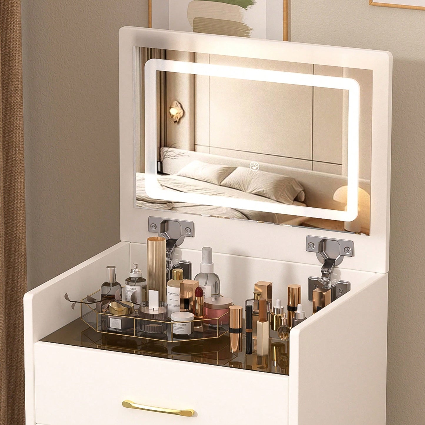 Compact 3 In 1 Makeup Vanity Desk With Open Top Mirror And Glass Desktop, Stylish Dressing Table With 3 Drawers For Bedroom Use