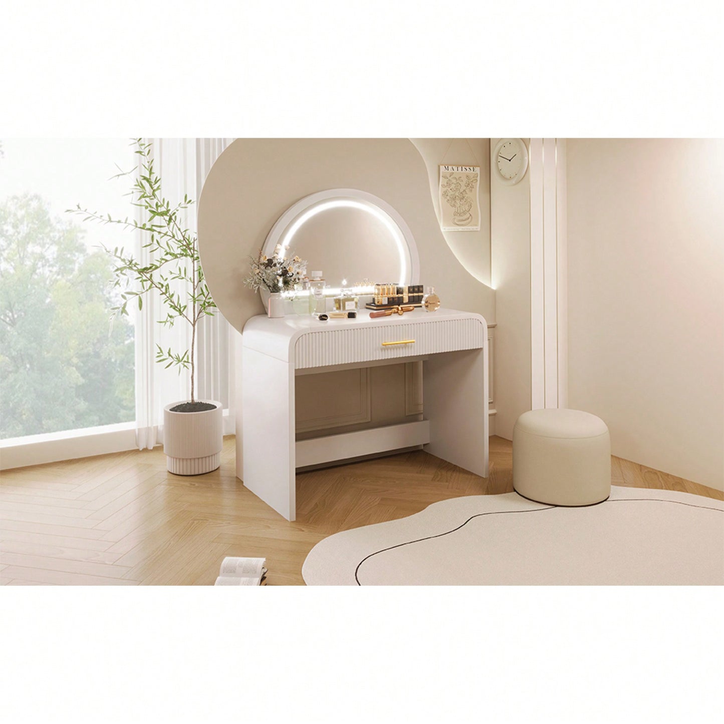 39 Inch White Makeup Vanity Table With Touch Screen Lighted Mirror And Drawer For Bedroom Storage