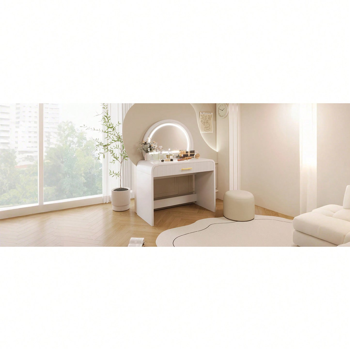 39 Inch White Makeup Vanity Table With Touch Screen Lighted Mirror And Drawer For Bedroom Storage