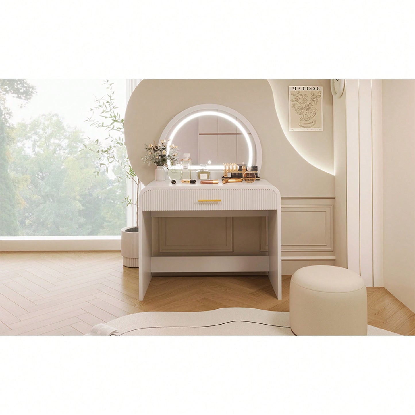 39 Inch White Makeup Vanity Table With Touch Screen Lighted Mirror And Drawer For Bedroom Storage