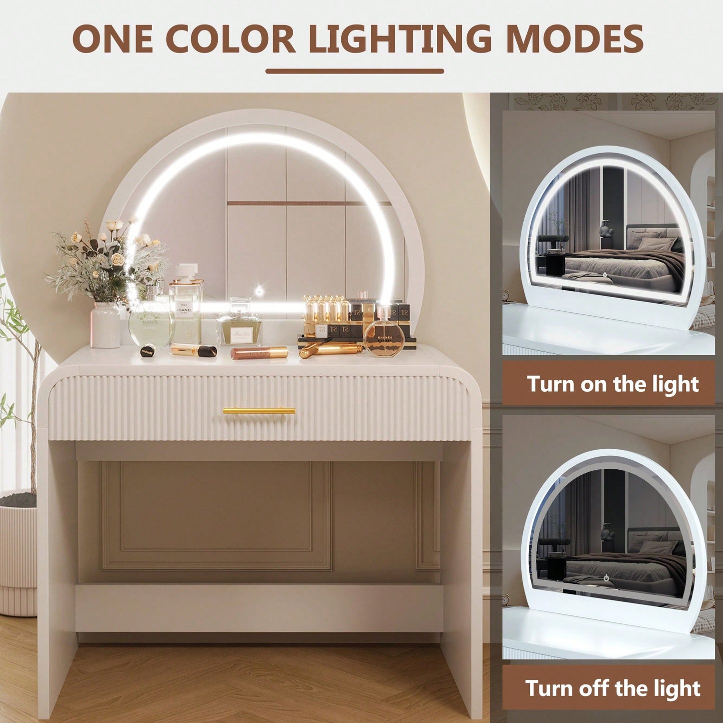 39 Inch White Makeup Vanity Table With Touch Screen Lighted Mirror And Drawer For Bedroom Storage