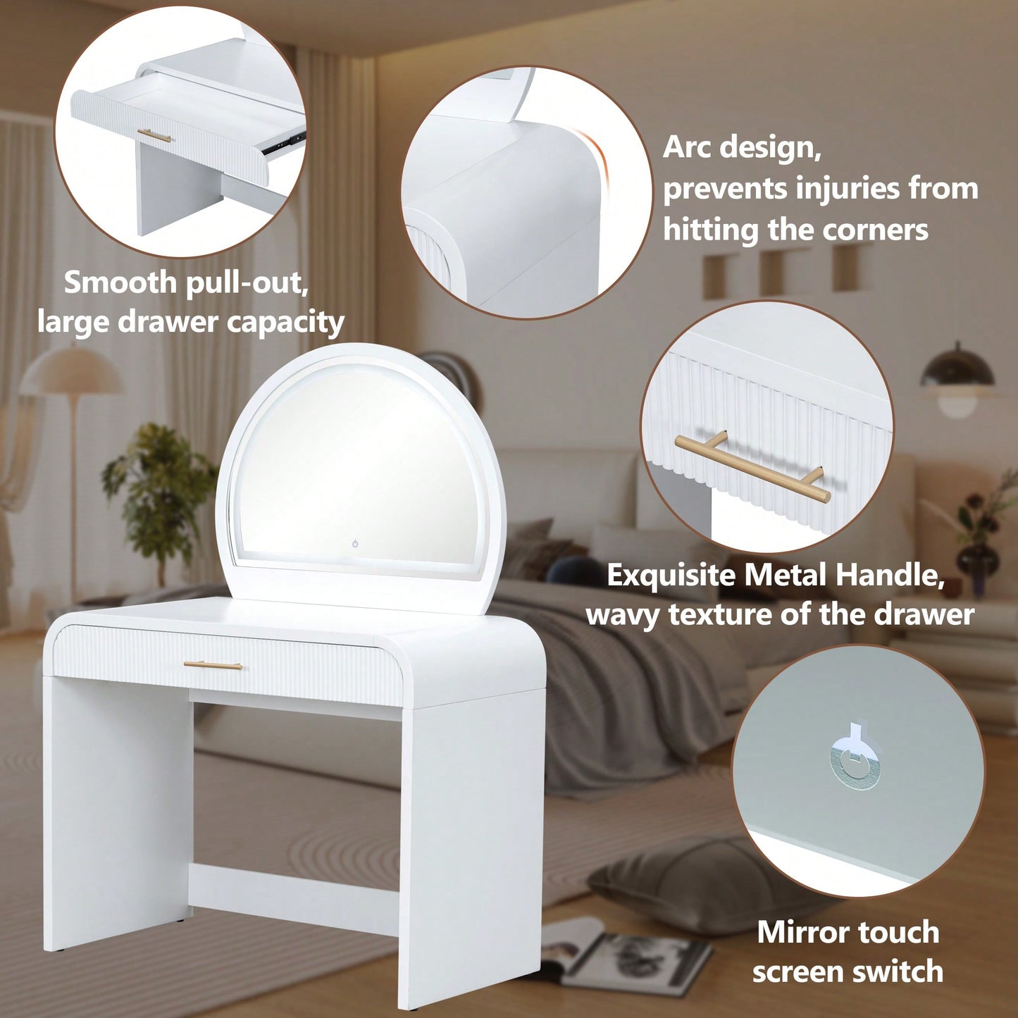 39 Inch White Makeup Vanity Table With Touch Screen Lighted Mirror And Drawer For Bedroom Storage