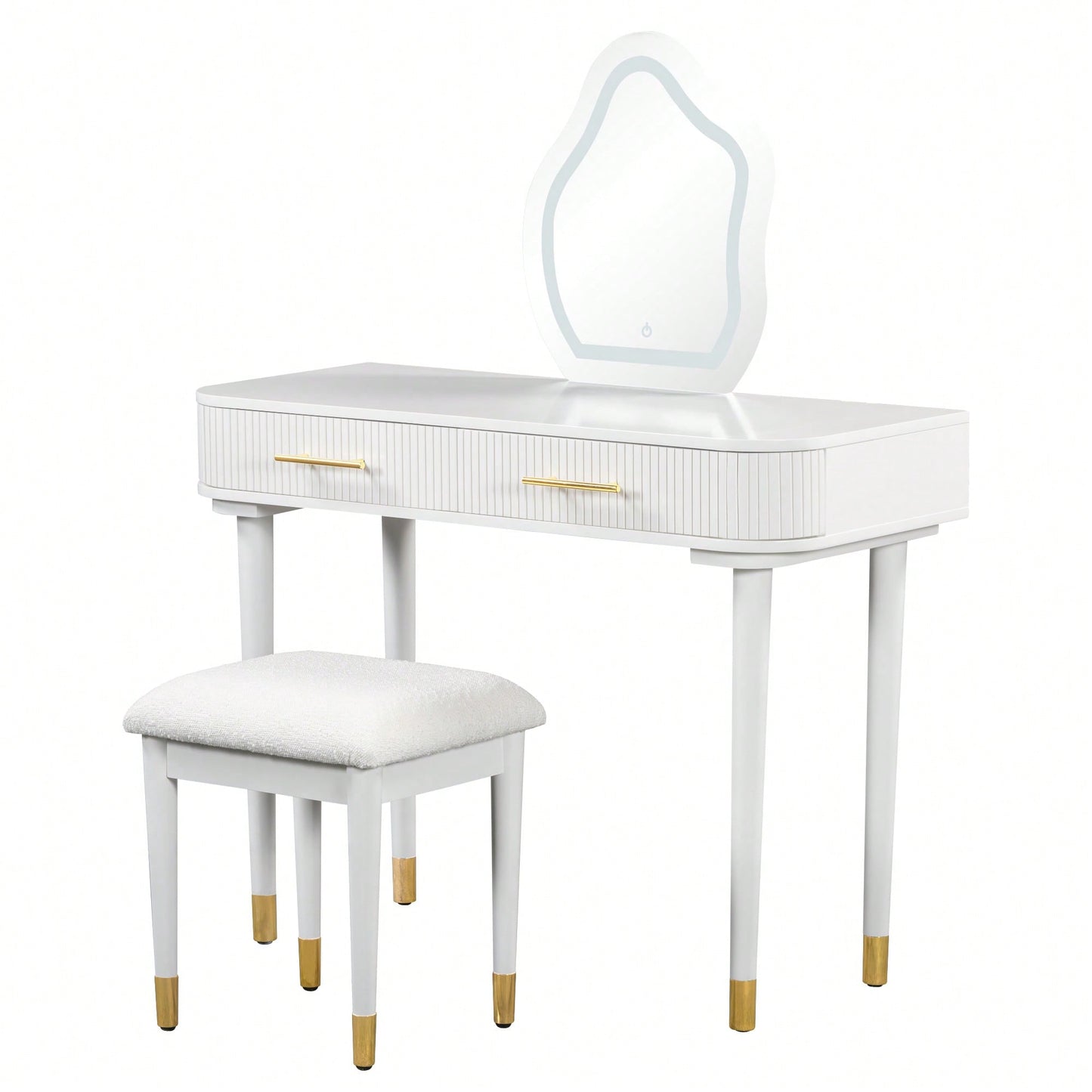 Elegant 40 Inch Vanity Table Set With Touch Screen Lighted Mirror And Cushioned Stool, Features 2 Large Drawers, Stylish White Finish