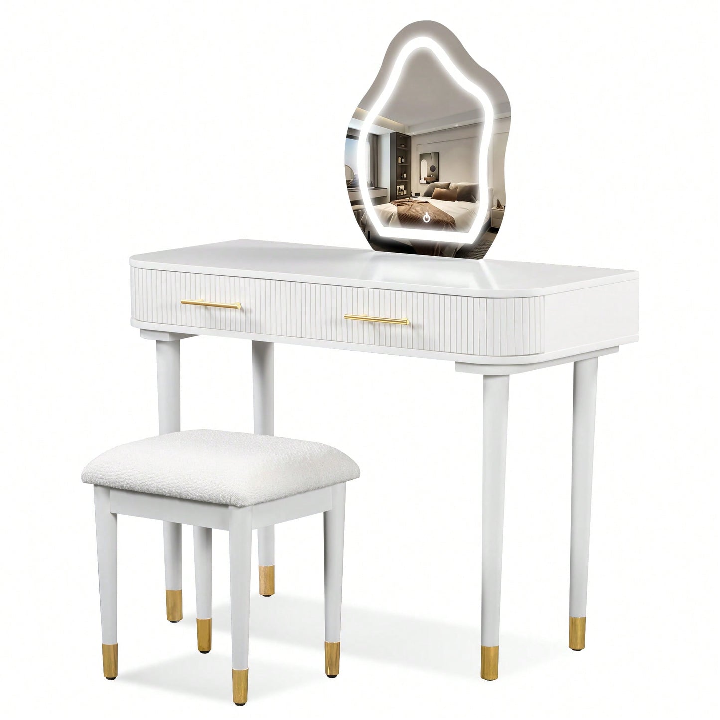 Elegant 40 Inch Vanity Table Set With Touch Screen Lighted Mirror And Cushioned Stool, Features 2 Large Drawers, Stylish White Finish