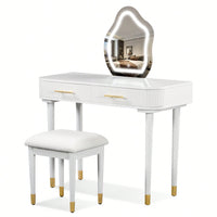 Elegant 40 Inch Vanity Table Set With Touch Screen Lighted Mirror And Cushioned Stool, Features 2 Large Drawers, Stylish White Finish