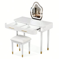 Elegant 40 Inch Vanity Table Set With Touch Screen Lighted Mirror And Cushioned Stool, Features 2 Large Drawers, Stylish White Finish