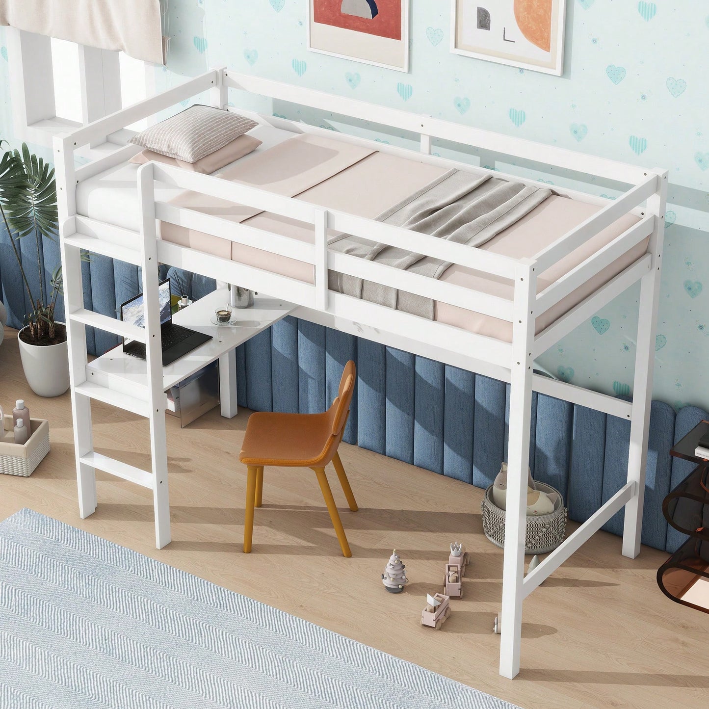 Twin High Loft Bed With Rubber Wood, Safety Guardrail, Built-In Desk And Ladder White