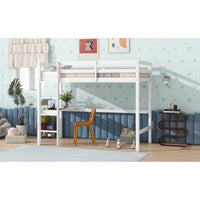 Twin High Loft Bed With Rubber Wood, Safety Guardrail, Built-In Desk And Ladder White