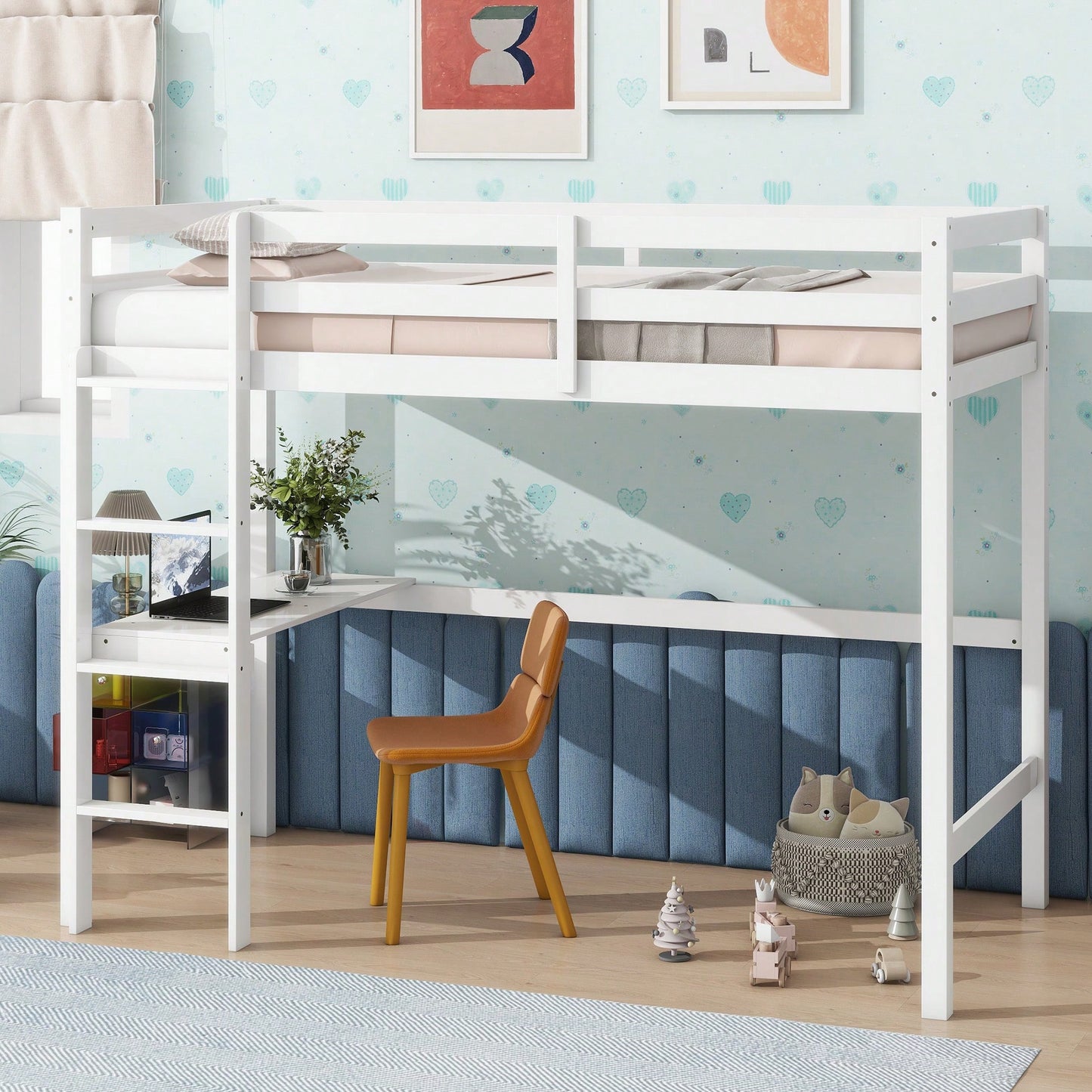 Twin High Loft Bed With Rubber Wood, Safety Guardrail, Built-In Desk And Ladder White