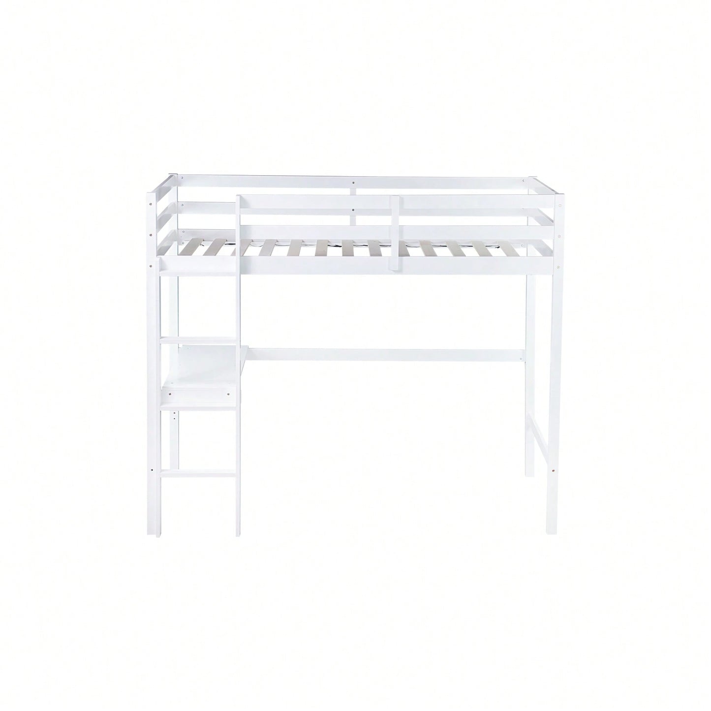 Twin High Loft Bed With Rubber Wood, Safety Guardrail, Built-In Desk And Ladder White