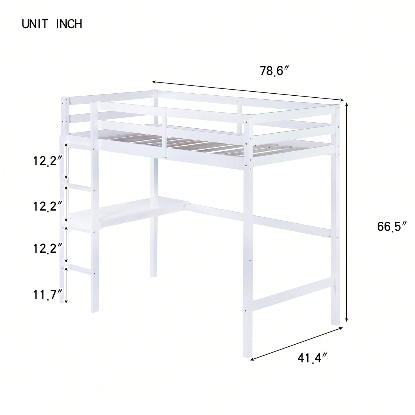 Twin High Loft Bed With Rubber Wood, Safety Guardrail, Built-In Desk And Ladder White