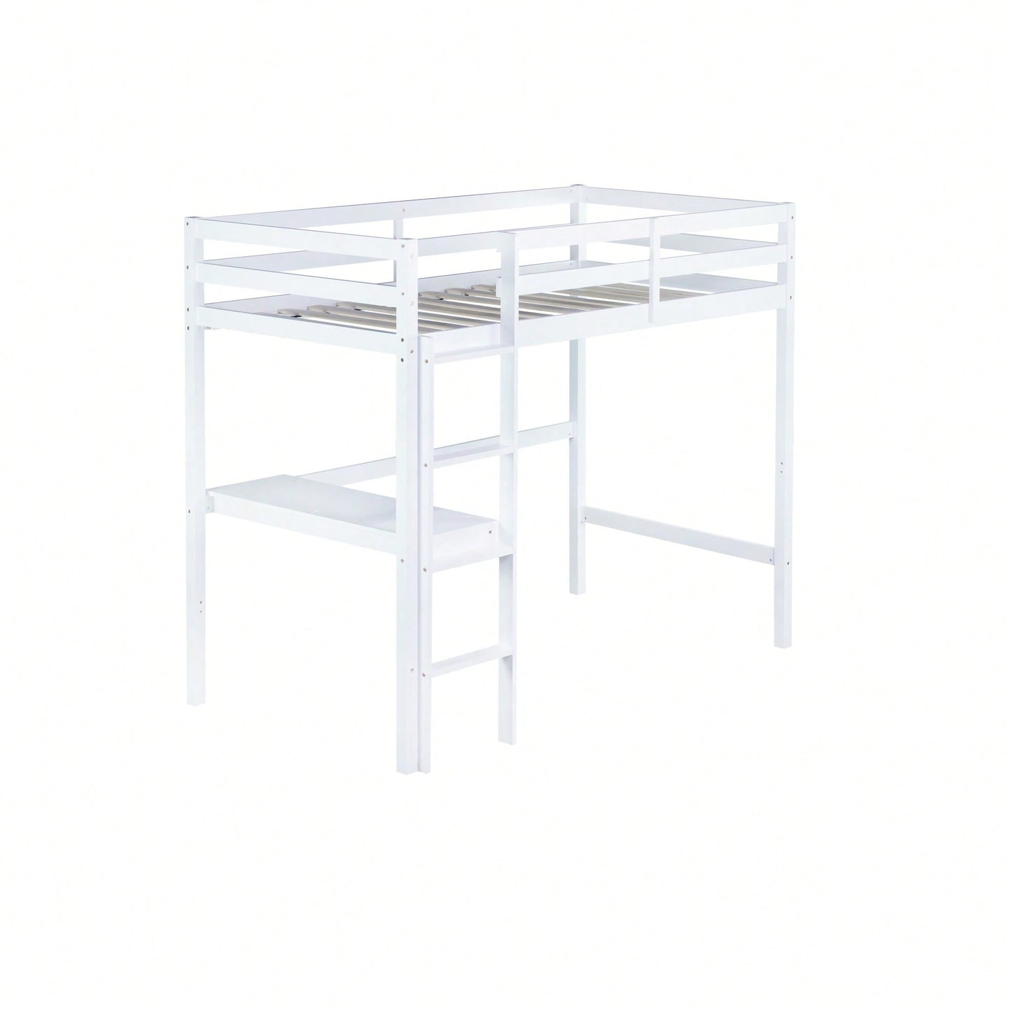 Twin High Loft Bed With Rubber Wood, Safety Guardrail, Built-In Desk And Ladder White