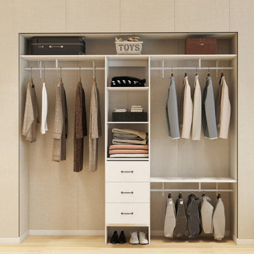 8FT Walk-In Closet Organizer Adjustable Shelves Expandable Hanger Rods Drawers Built-In Garment Rack 96L X 16W X 82H White Supports 1000LBS