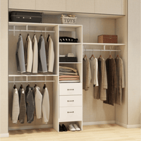 8FT Walk-In Closet Organizer Adjustable Shelves Expandable Hanger Rods Drawers Built-In Garment Rack 96L X 16W X 82H White Supports 1000LBS