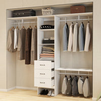 8FT Walk-In Closet Organizer Adjustable Shelves Expandable Hanger Rods Drawers Built-In Garment Rack 96L X 16W X 82H White Supports 1000LBS