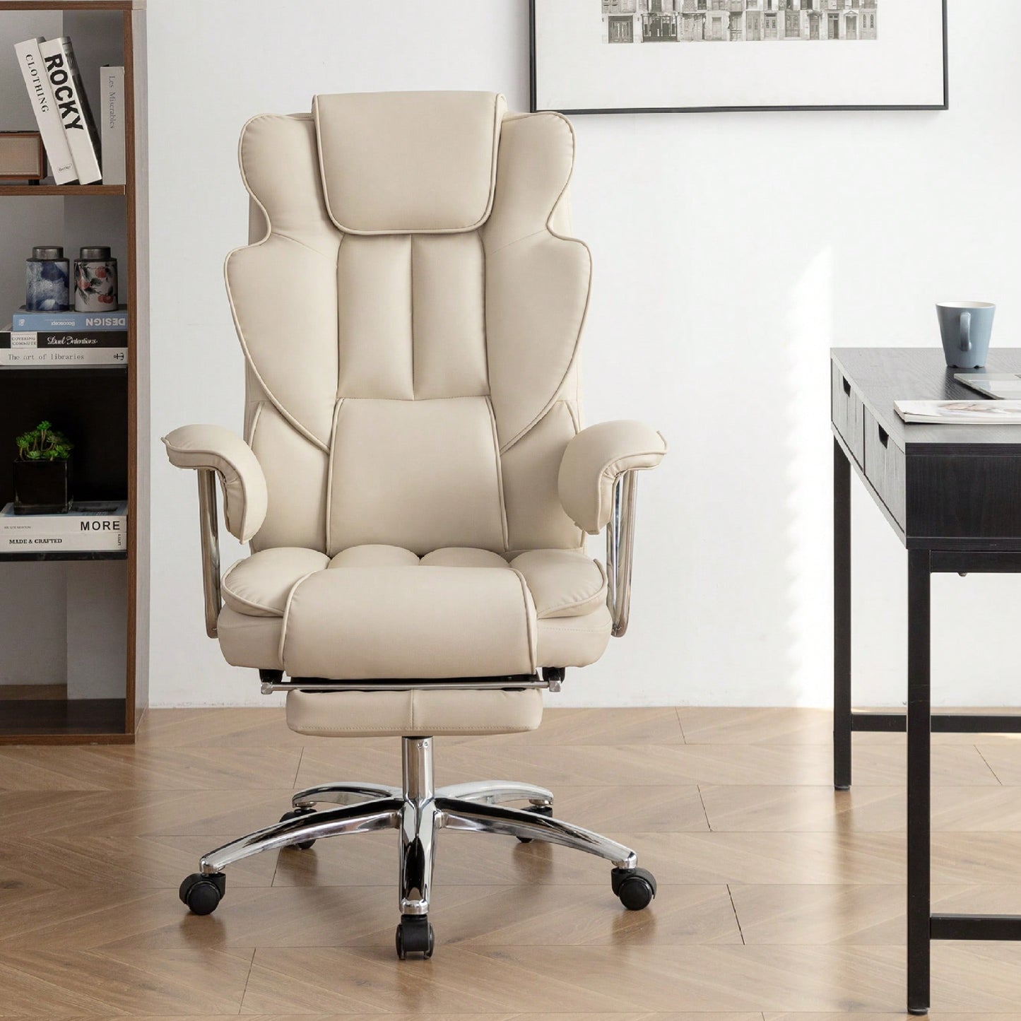 Big And Tall Ergonomic Executive Office Chair With Footrest High Back Leather Reclining Computer Chair For Home Office Black