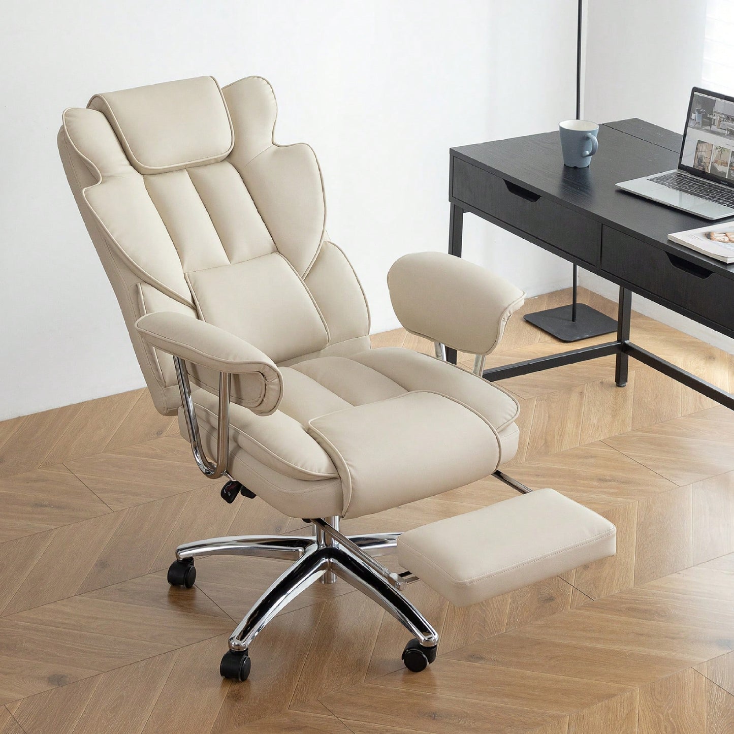 Big And Tall Ergonomic Executive Office Chair With Footrest High Back Leather Reclining Computer Chair For Home Office Black