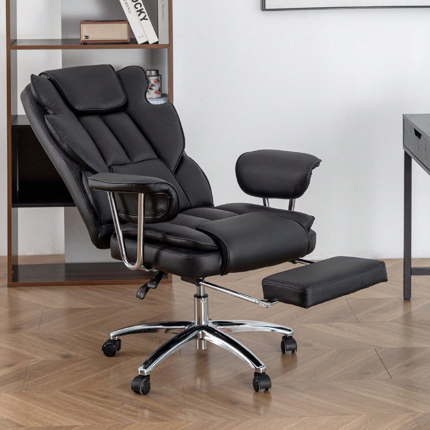 Big And Tall Ergonomic Executive Office Chair With Footrest High Back Leather Reclining Computer Chair For Home Office Black