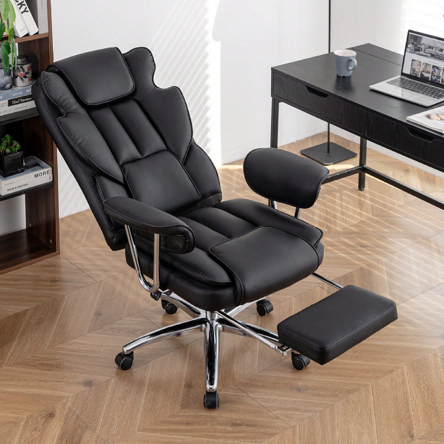 Big And Tall Ergonomic Executive Office Chair With Footrest High Back Leather Reclining Computer Chair For Home Office Black